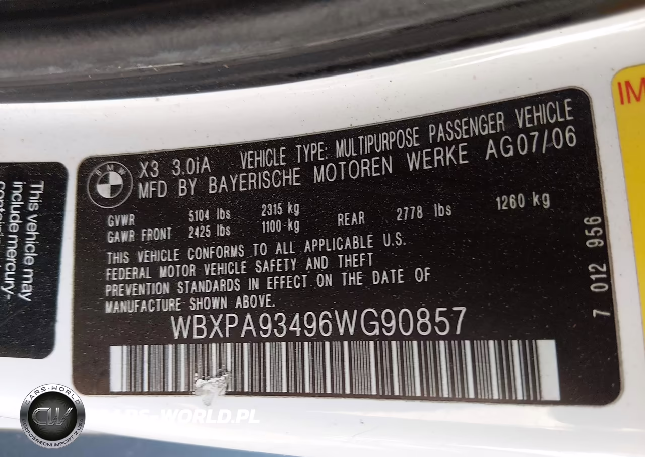 2006 BMW X3 3.0I VIN:WBXPA93496WG90857 - 9