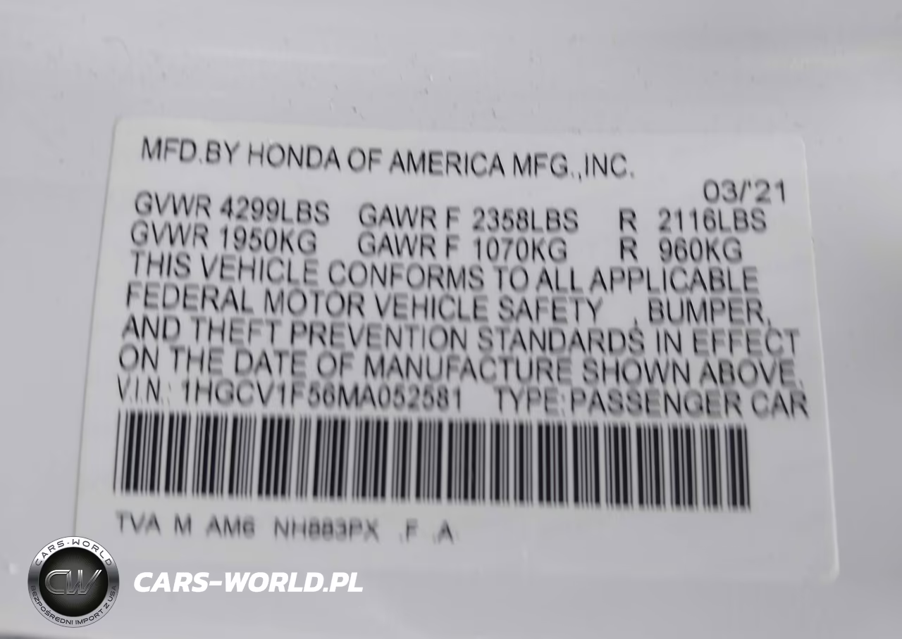 2021 Honda Accord Ex-L VIN:1HGCV1F56MA052581 - 9