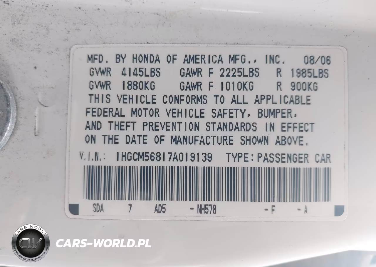 2007 Honda Accord 2.4 Ex VIN:1HGCM56817A019139 - 9