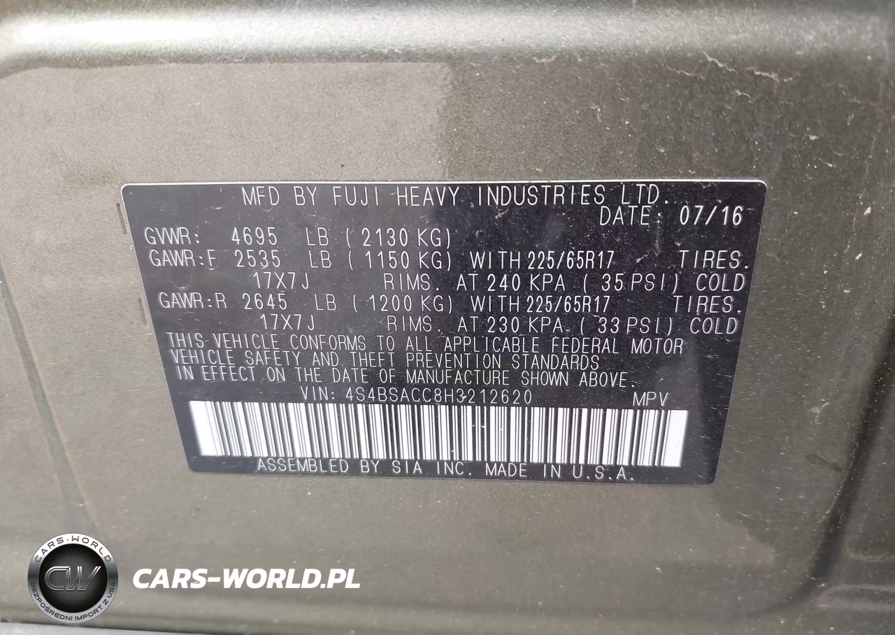 2017 Subaru Outback 2.5I Premium VIN:4S4BSACC8H3212620 - 9