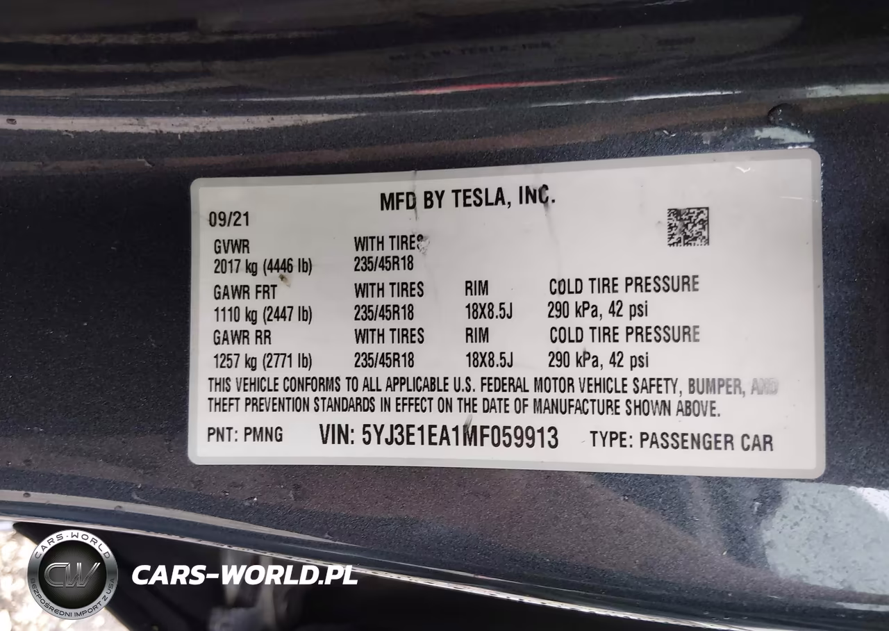 2021 Tesla Model 3 Standard Range Plus Rear-Wheel Drive VIN:5YJ3E1EA1MF059913 - 9