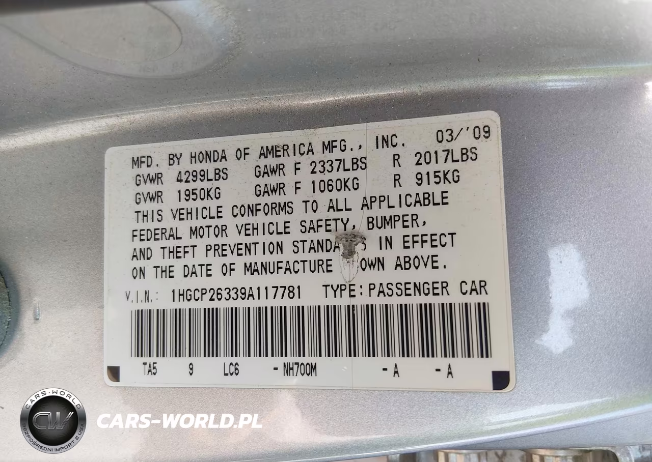 2009 Honda Accord 2.4 Lx VIN:1HGCP26339A117781 - 9