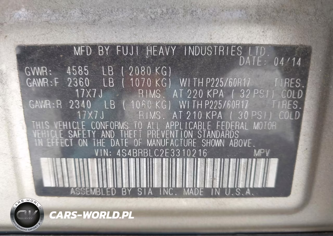 2014 Subaru Outback 2.5I Limited VIN:4S4BRBLC2E3310216 - 9