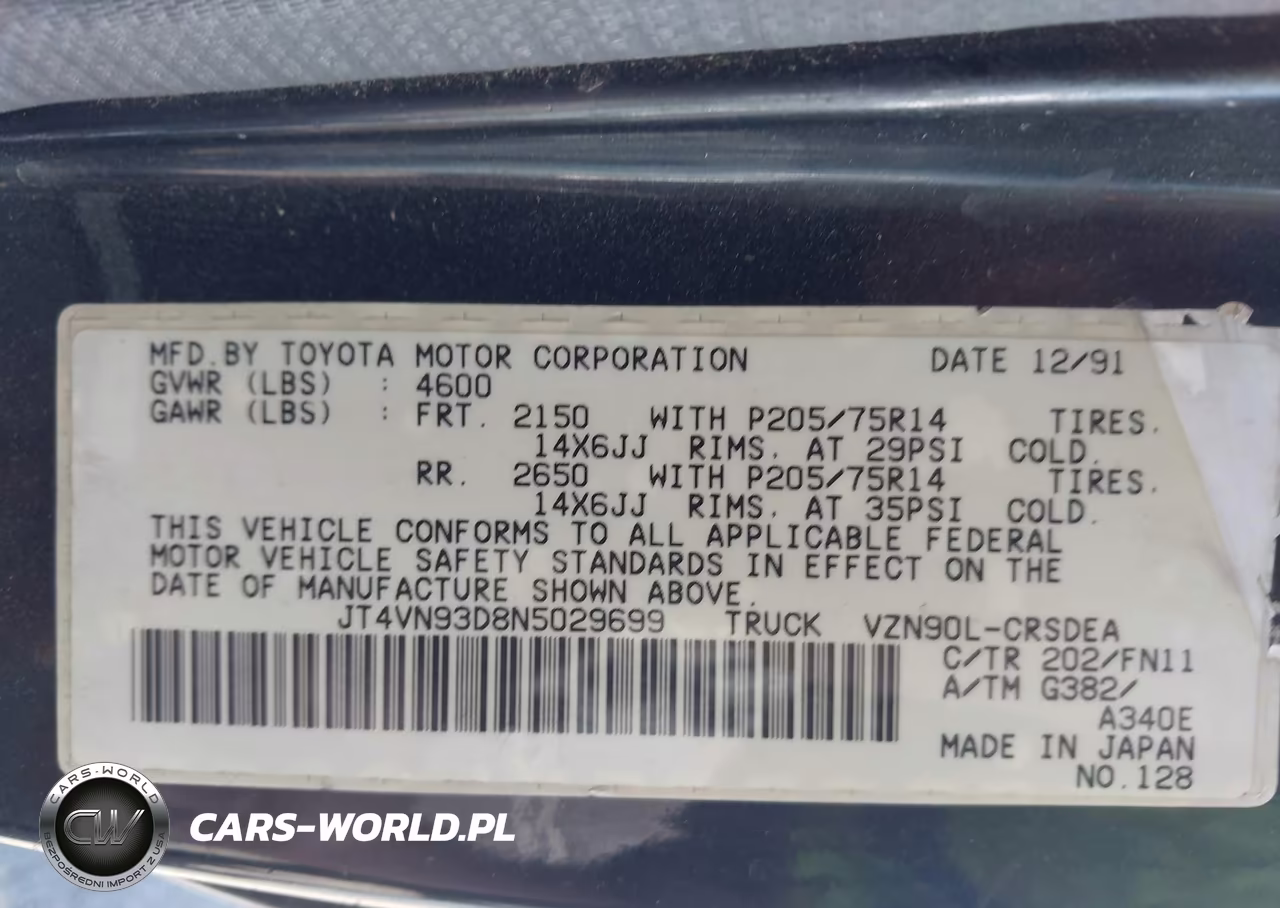 1992 Toyota Pickup 1-2 Ton Ex Lng Whlbse Dlx VIN:JT4VN93D8N5029699 - 9