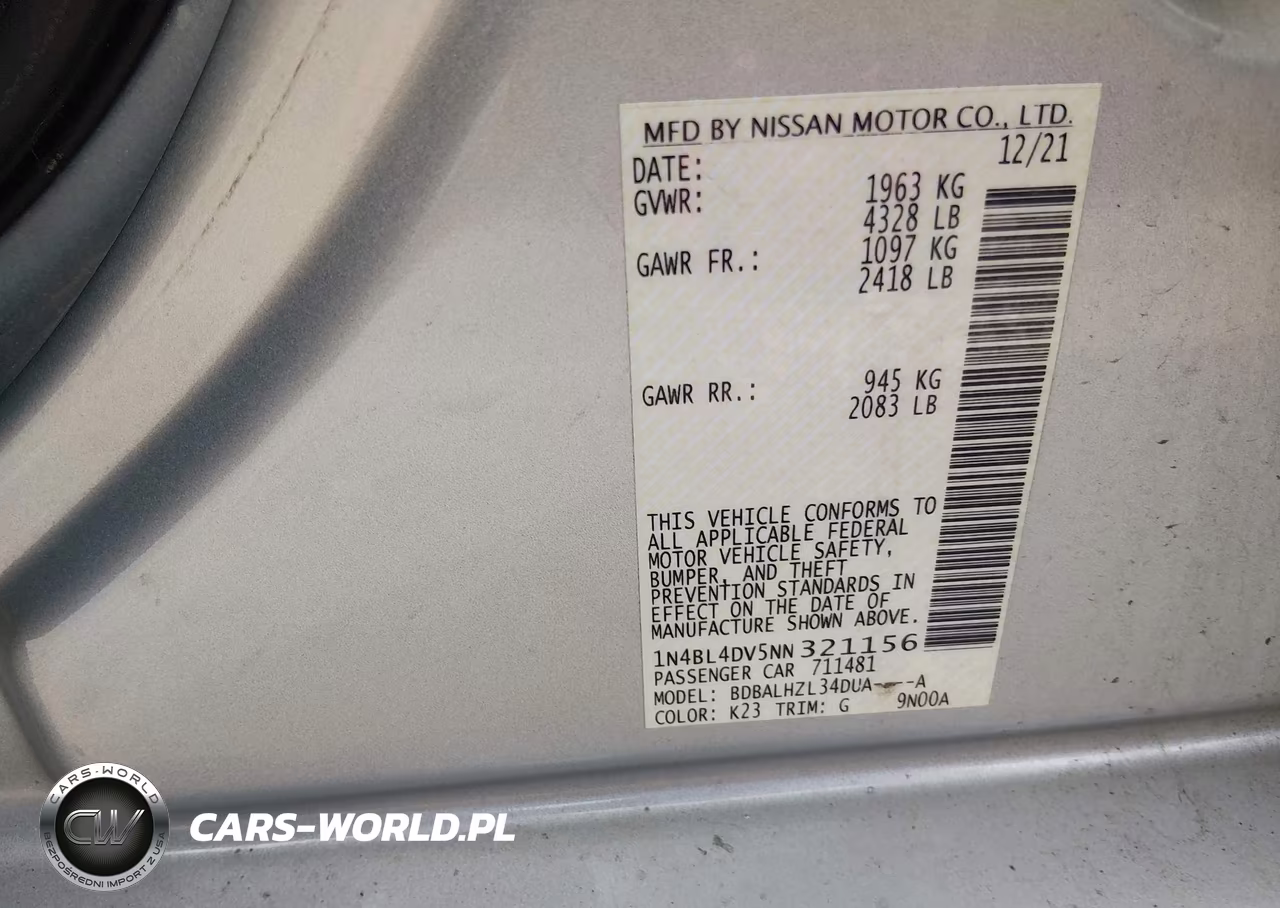 2022 Nissan Altima Sv Fwd VIN:1N4BL4DV5NN321156 - 9