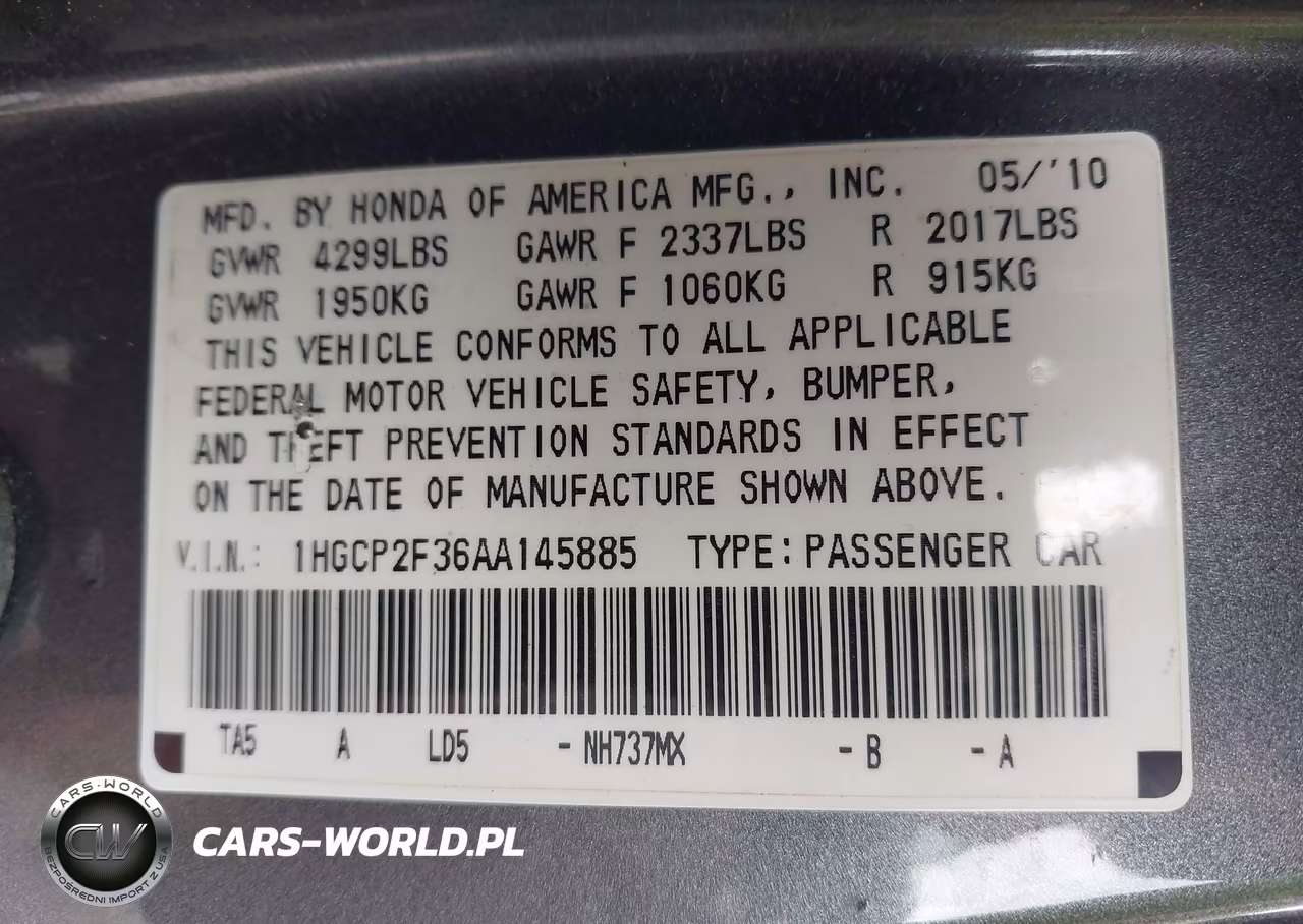 2010 Honda Accord 2.4 Lx VIN:1HGCP2F36AA145885 - 9