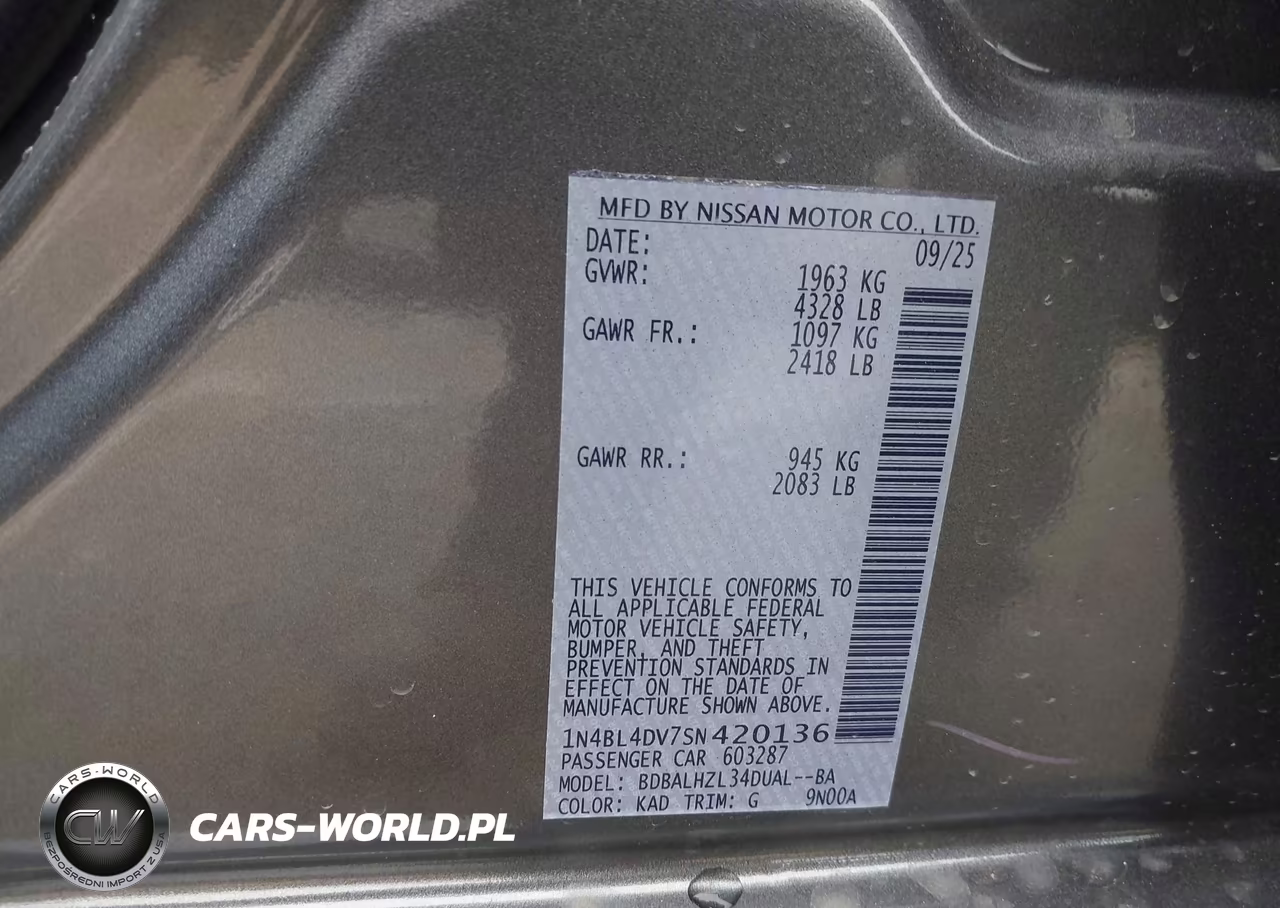 2025 Nissan Altima Sv Fwd VIN:1N4BL4DV7SN420136 - 9