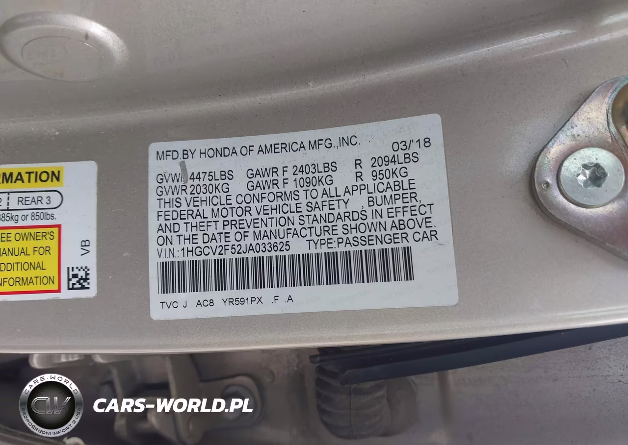 2018 Honda Accord Ex-L 2.0T VIN:1HGCV2F52JA033625 - 9