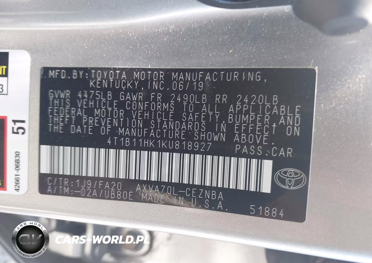 2019 Toyota Camry Le VIN:4T1B11HK1KU818927 - 9