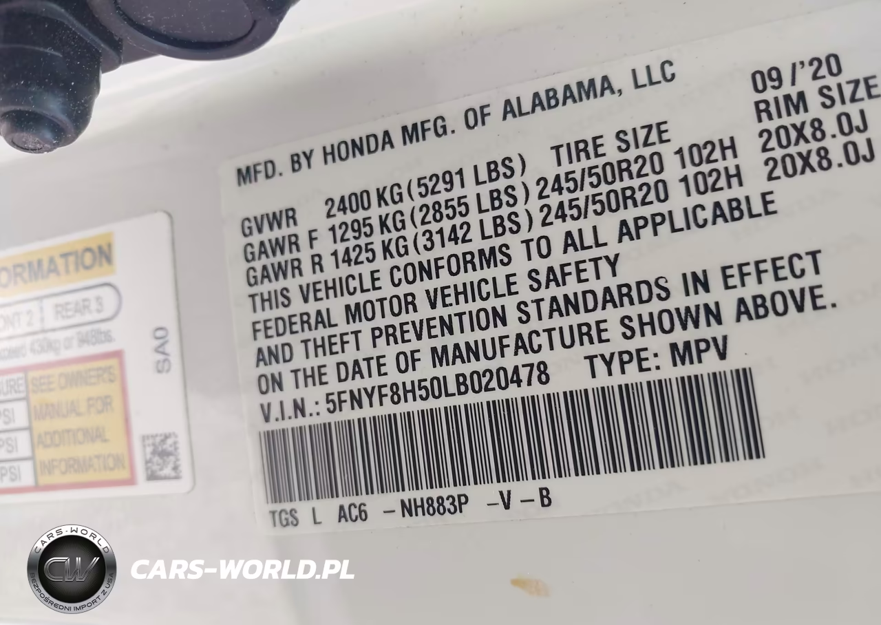 2020 Honda Passport Awd Ex-L VIN:5FNYF8H50LB020478 - 9