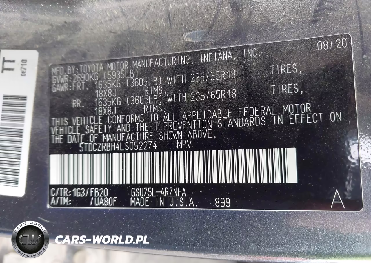 2020 Toyota Highlander L VIN:5TDCZRBH4LS052274 - 9