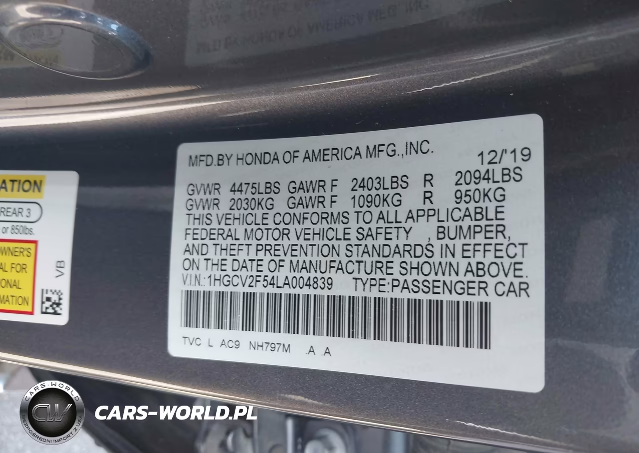 2020 Honda Accord Ex-L 2.0T VIN:1HGCV2F54LA004839 - 9