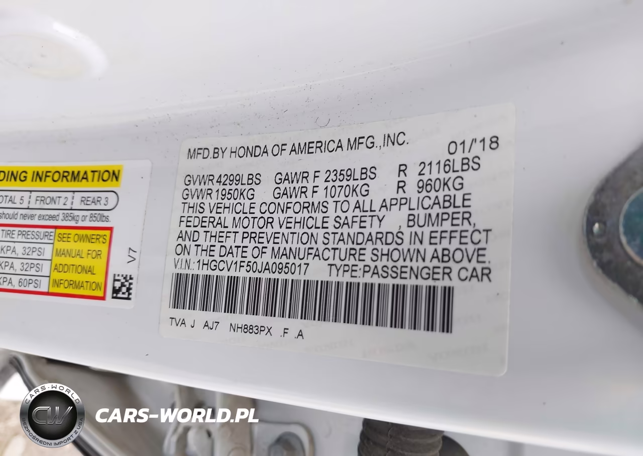 2018 Honda Accord Ex-L VIN:1HGCV1F50JA095017 - 9