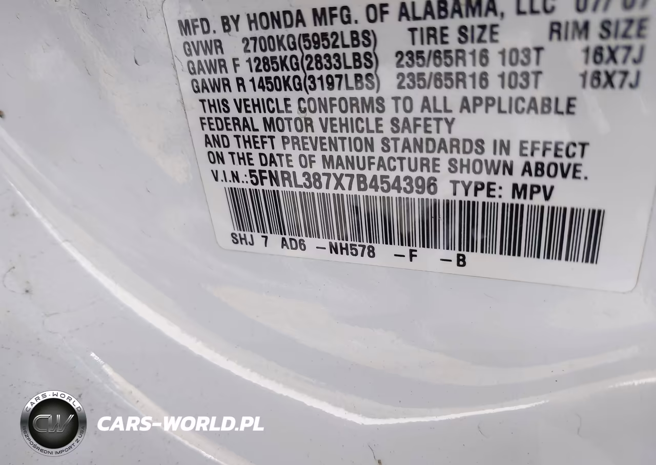 2007 Honda Odyssey Ex-L VIN:5FNRL387X7B454396 - 9