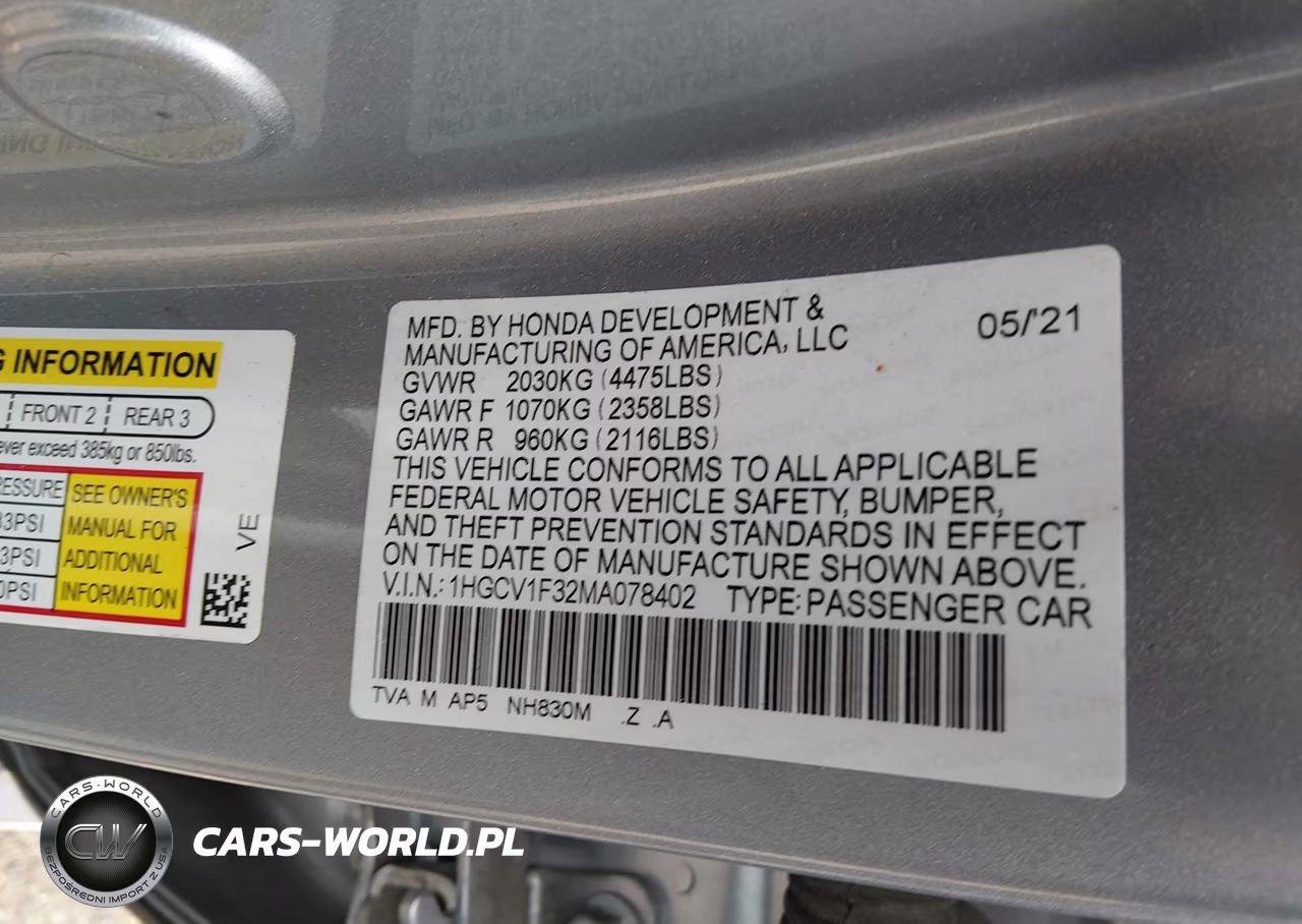 2021 Honda Accord Sport VIN:1HGCV1F32MA078402 - 9