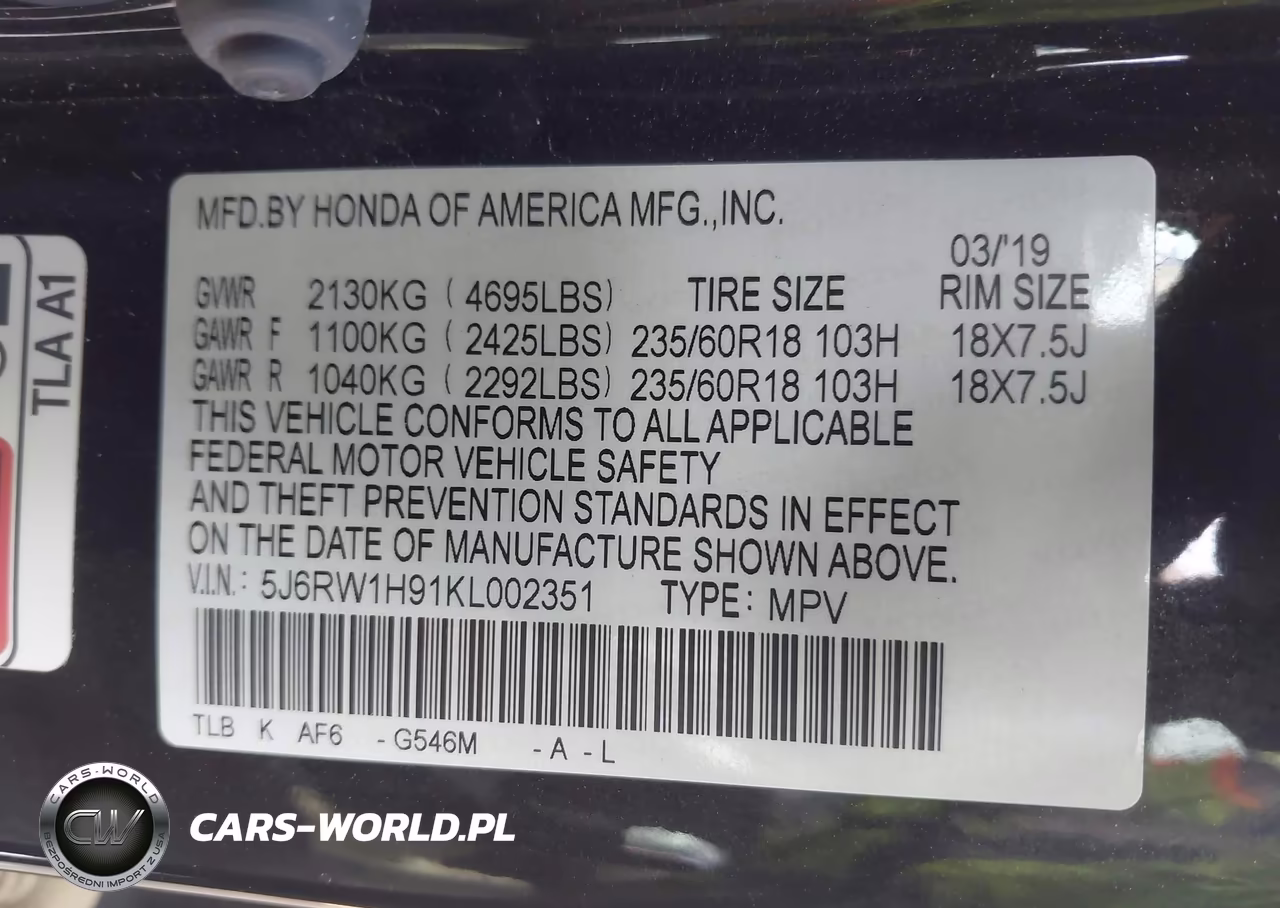 2019 Honda Cr-V Touring VIN:5J6RW1H91KL002351 - 9