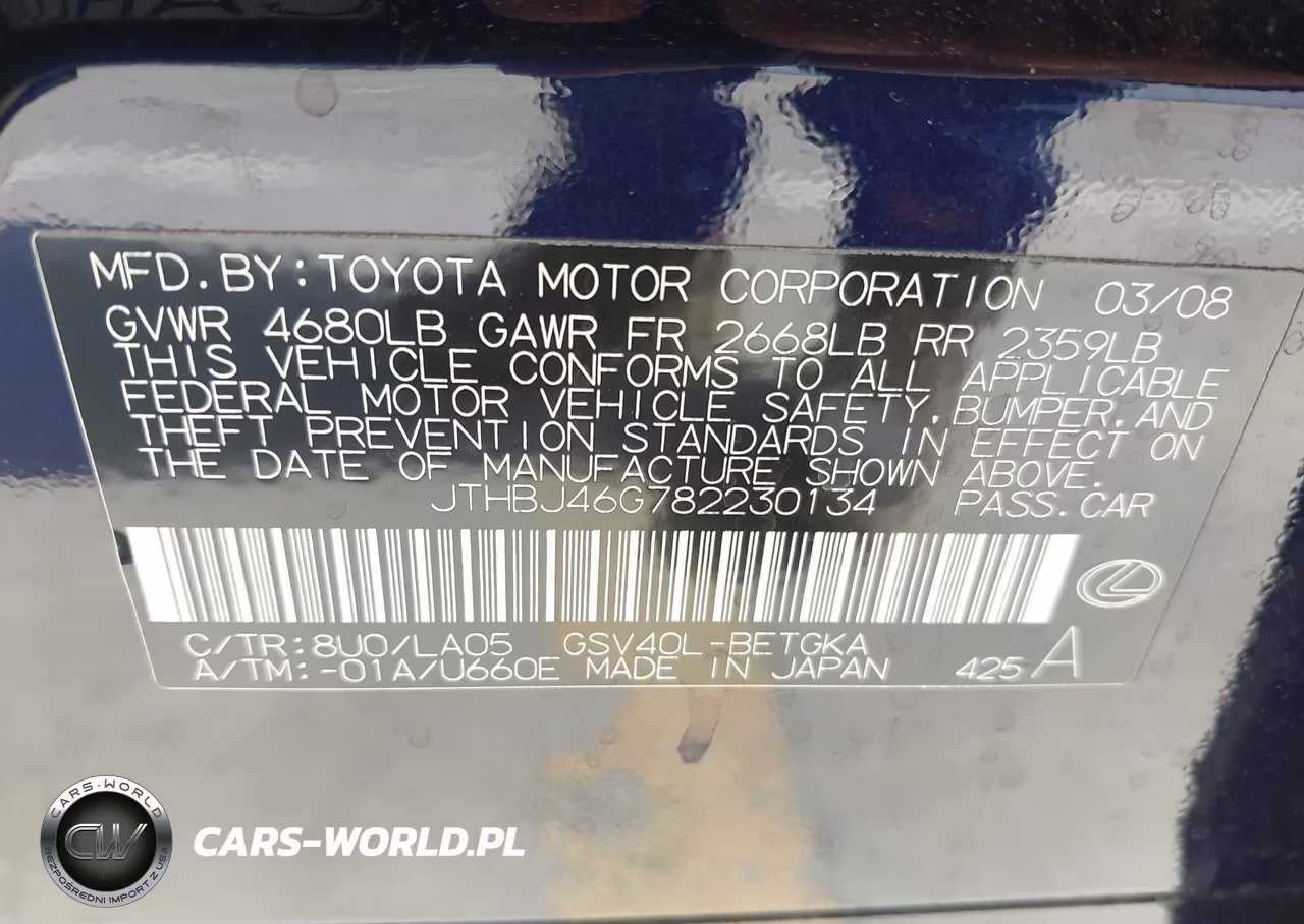 2008 Lexus Es 350 VIN:JTHBJ46G782230134 - 9