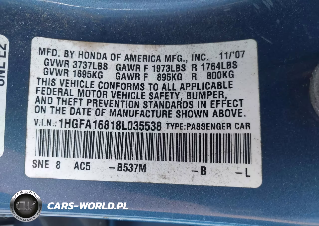 2008 Honda Civic Ex VIN:1HGFA16818L035538 - 9