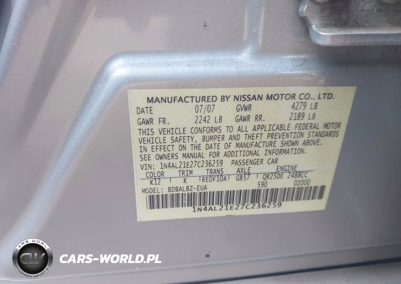 2007 Nissan Altima 2.5 S VIN:1N4AL21E27C236259 - 9