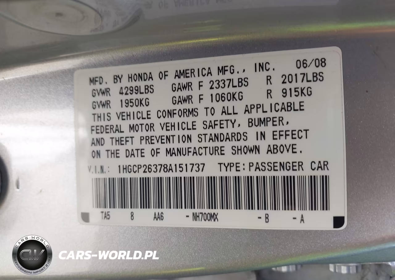 2008 Honda Accord 2.4 Lx VIN:1HGCP26378A151737 - 9
