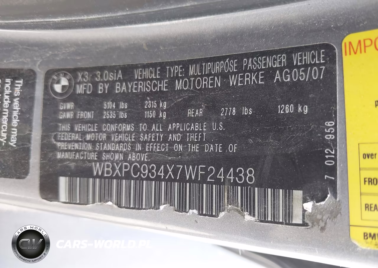 2007 BMW X3 3.0Si VIN:WBXPC934X7WF24438 - 9