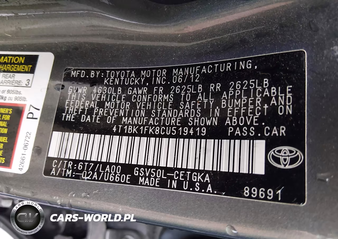 2012 Toyota Camry Xle V6 VIN:4T1BK1FK8CU519419 - 9