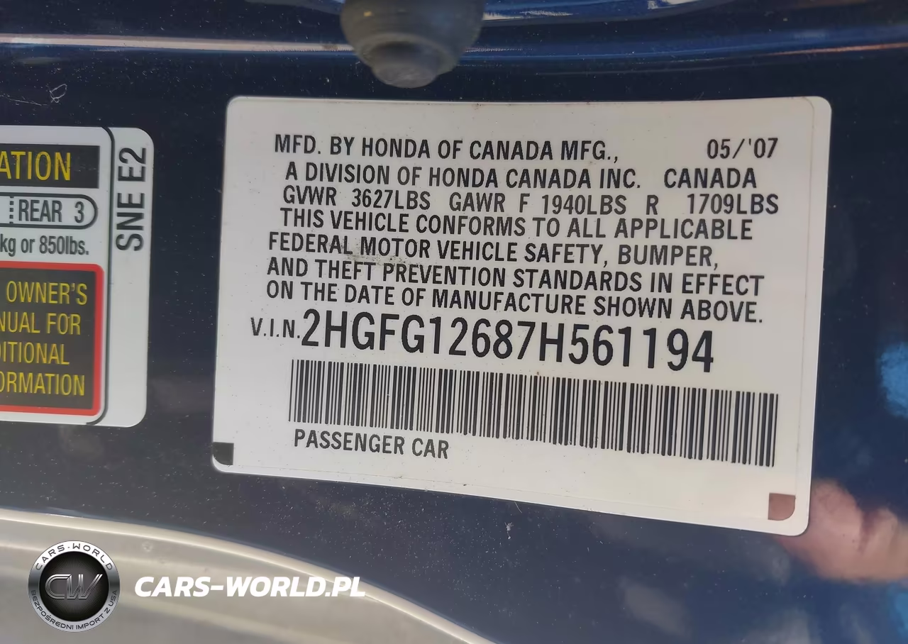 2007 Honda Civic Lx VIN:2HGFG12687H561194 - 9