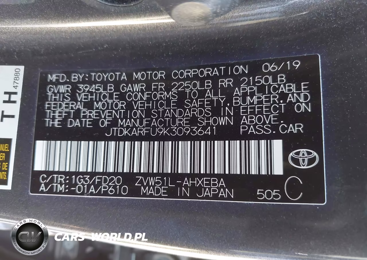 2019 Toyota Prius Le VIN:JTDKARFU9K3093641 - 9