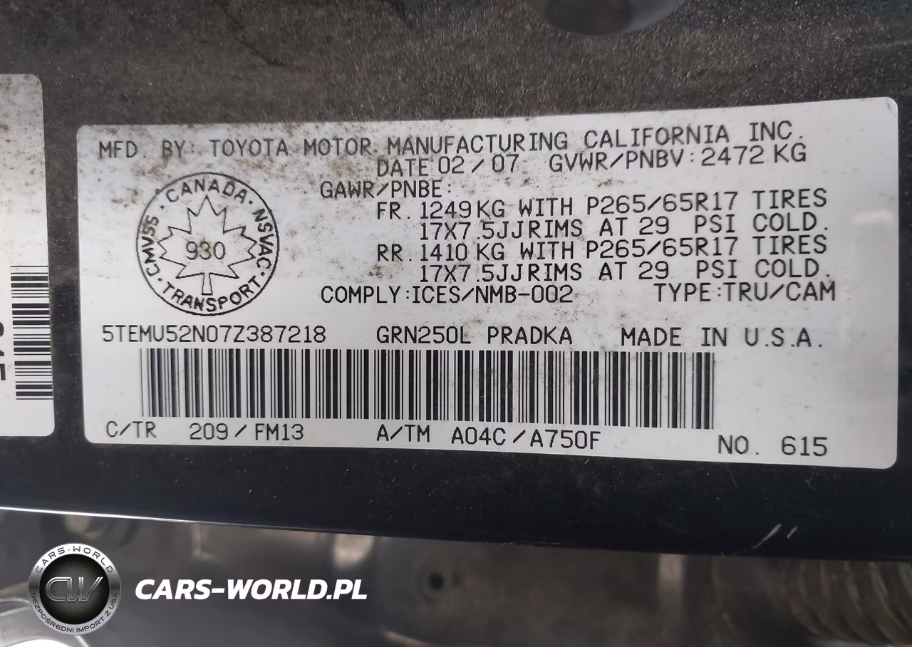 2007 Toyota Tacoma Base V6 VIN:5TEMU52N07Z387218 - 9