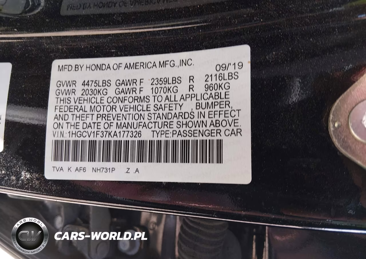 2019 Honda Accord Sport VIN:1HGCV1F37KA177326 - 9
