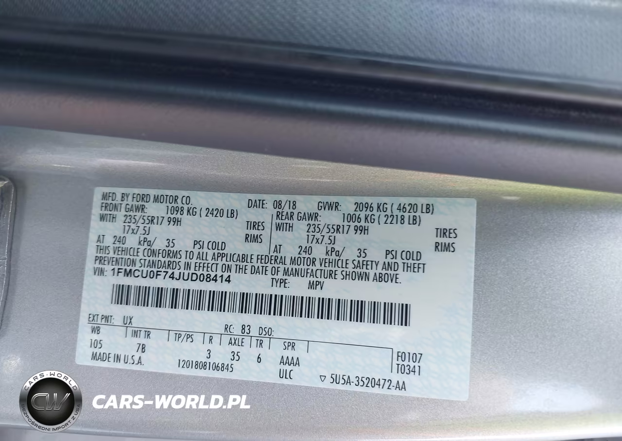 2018 Ford Escape S VIN:1FMCU0F74JUD08414 - 9