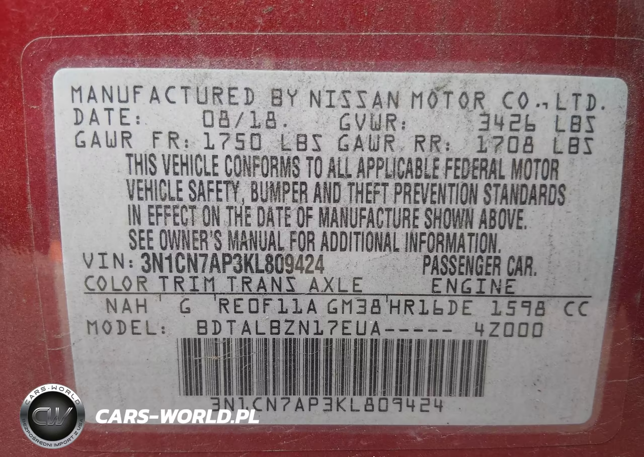 2019 Nissan Versa 1.6 Sv VIN:3N1CN7AP3KL809424 - 9