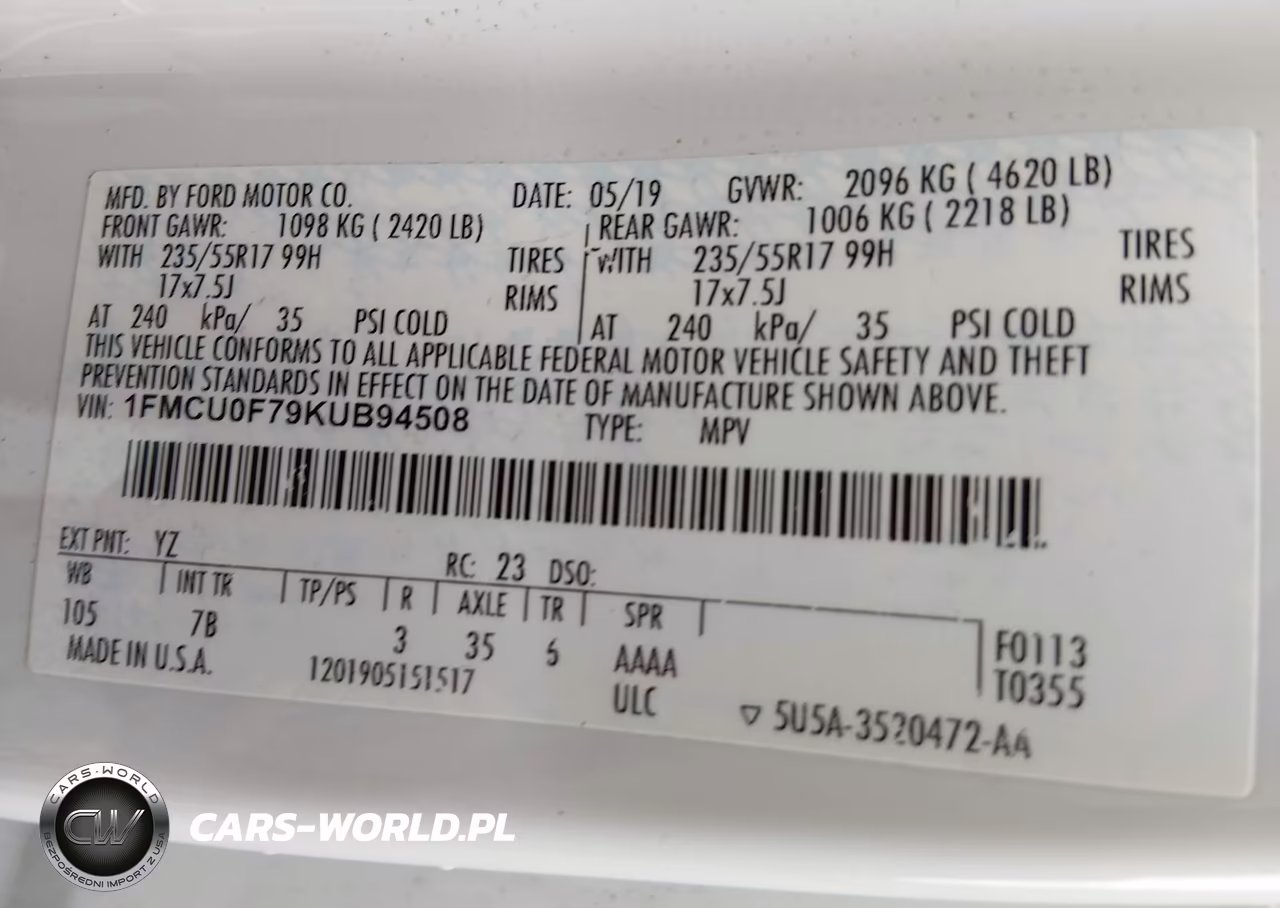 2019 Ford Escape S VIN:1FMCU0F79KUB94508 - 9
