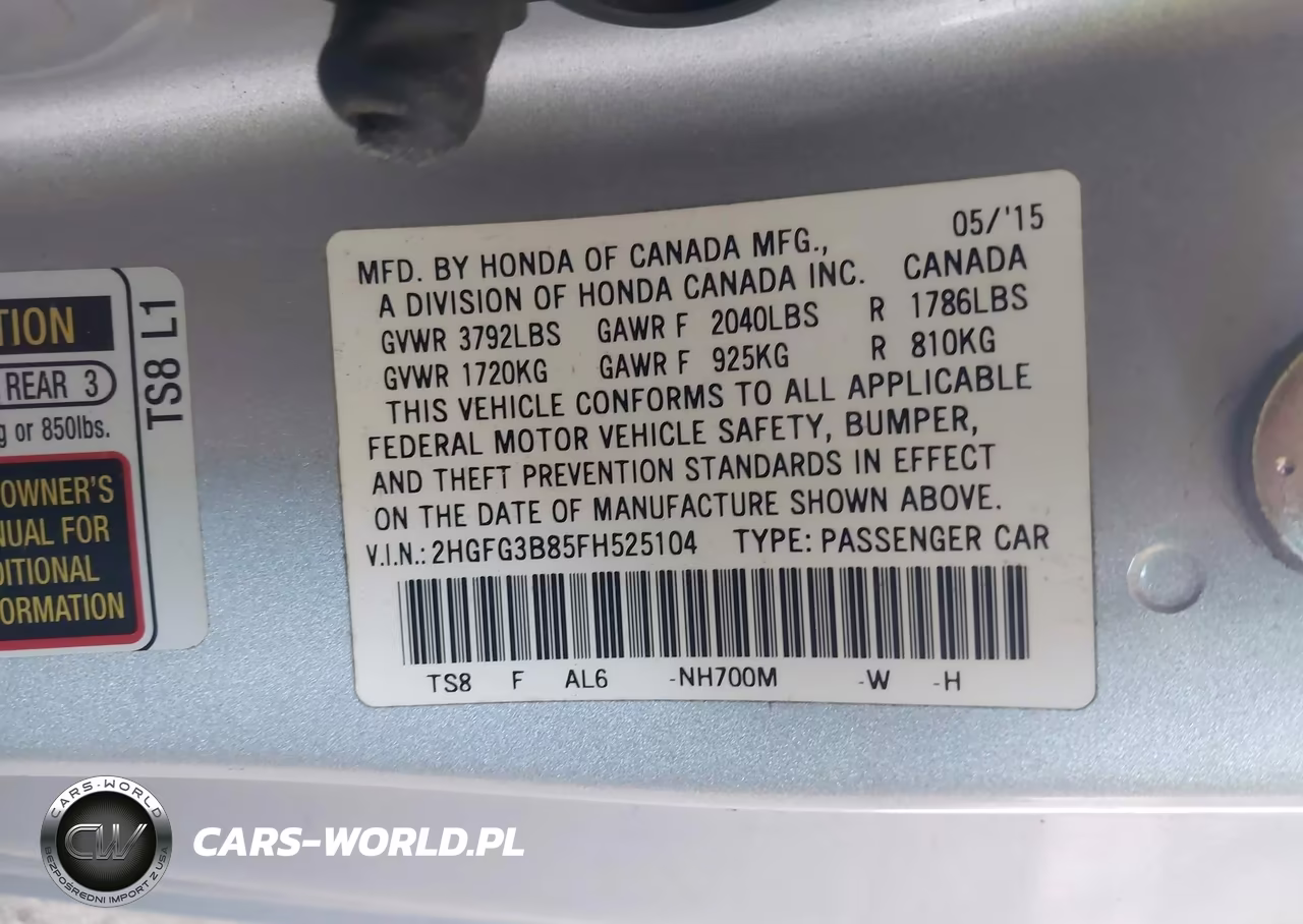 2015 Honda Civic Ex VIN:2HGFG3B85FH525104 - 9