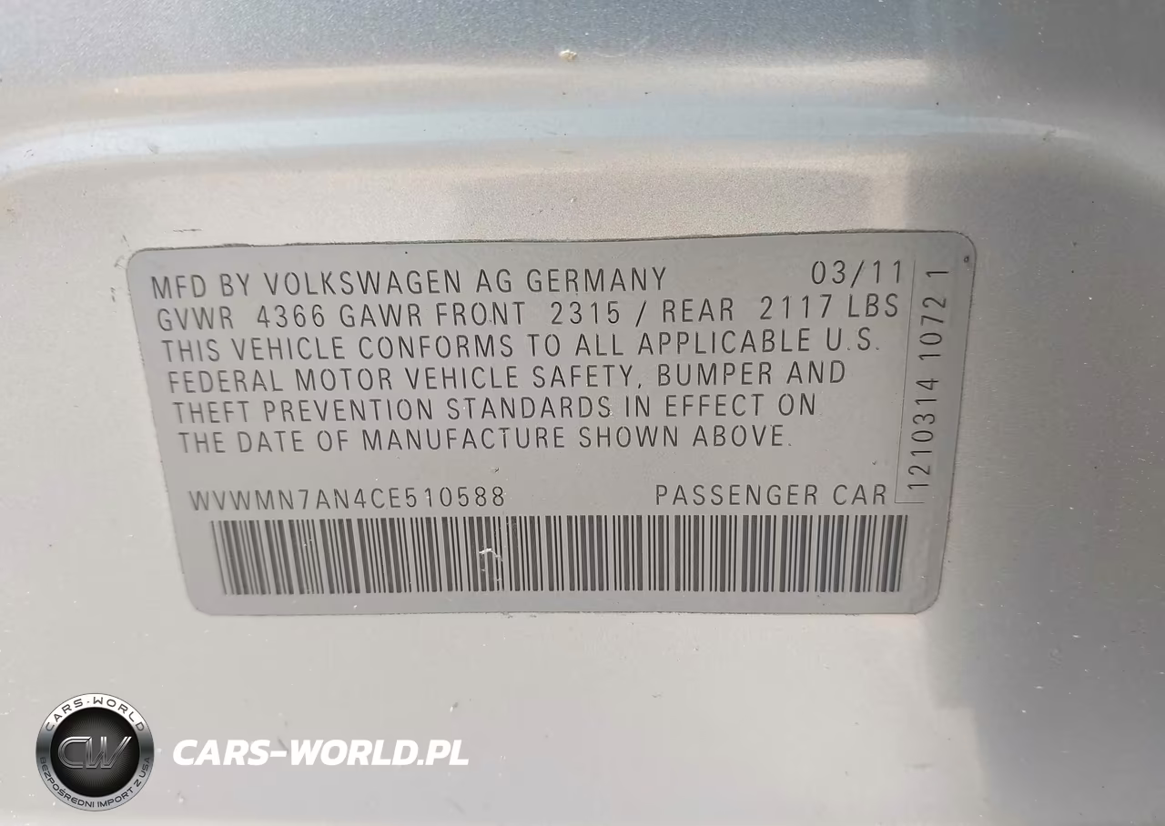 2012 Volkswagen Cc Sport VIN:WVWMN7AN4CE510588 - 9