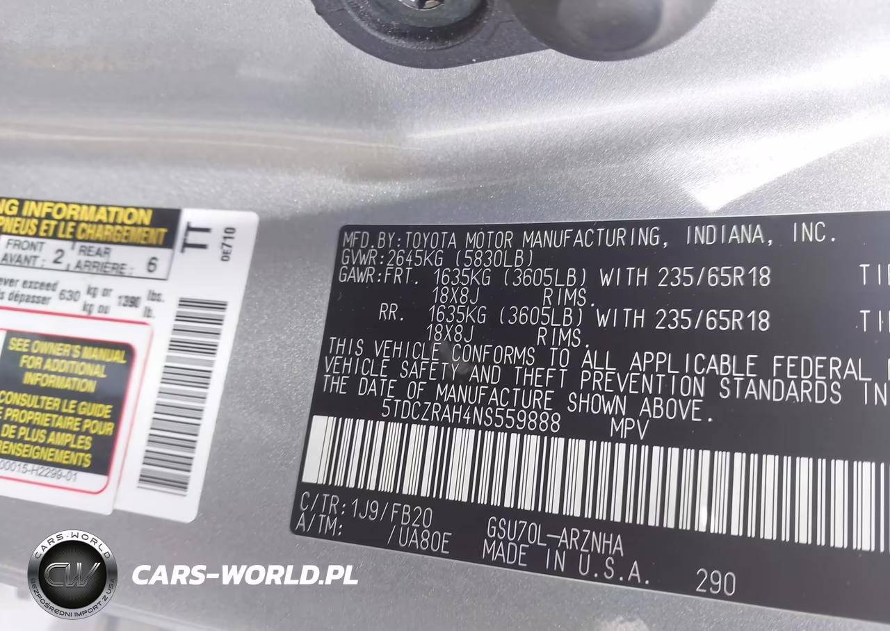 2022 Toyota Highlander L VIN:5TDCZRAH4NS559888 - 9