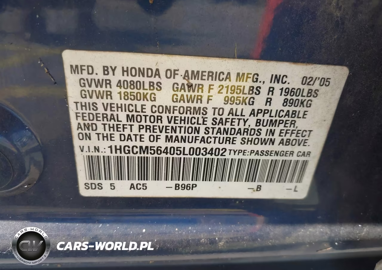 2005 Honda Accord 2.4 Lx VIN:1HGCM56405L003402 - 9