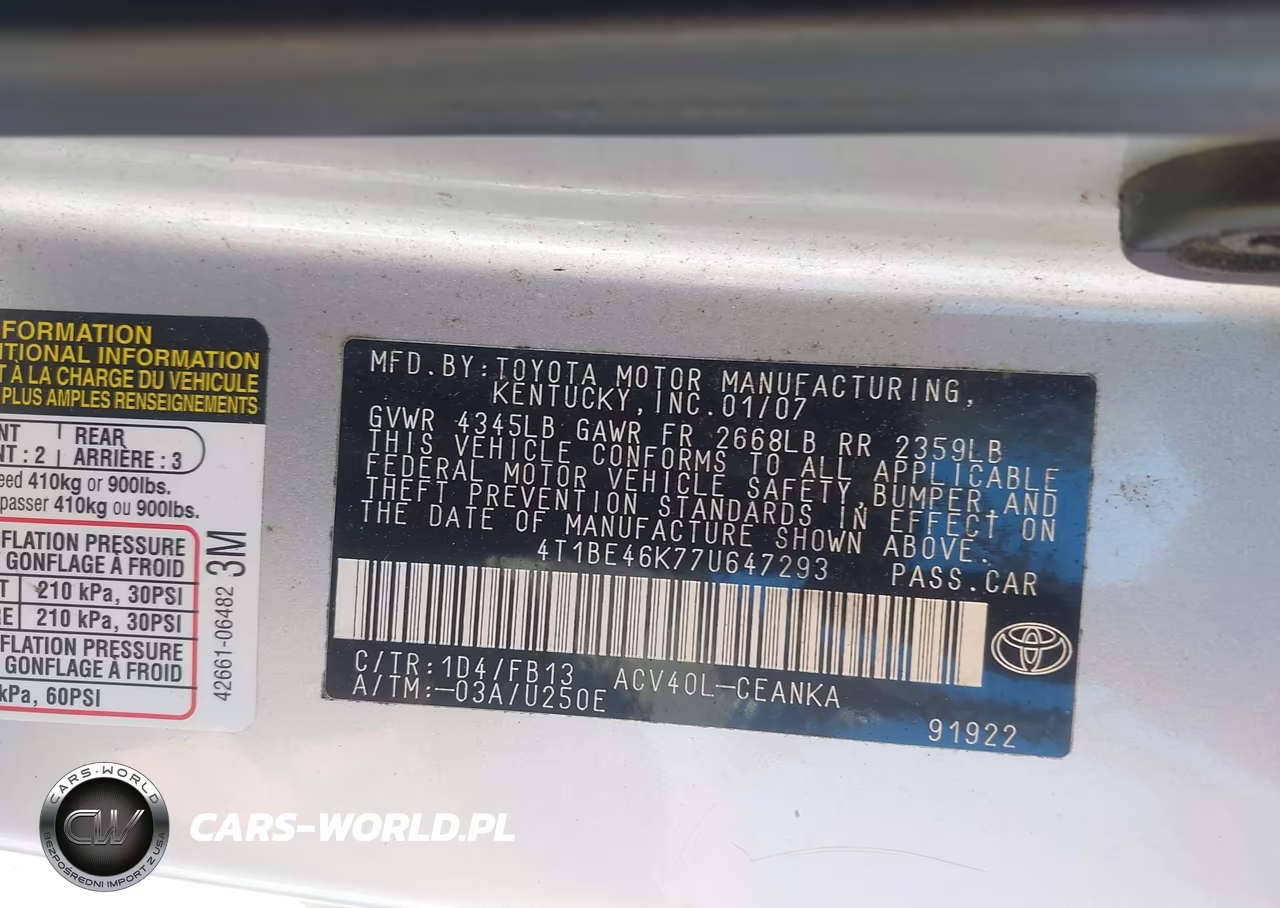 2007 Toyota Camry Le VIN:4T1BE46K77U647293 - 9