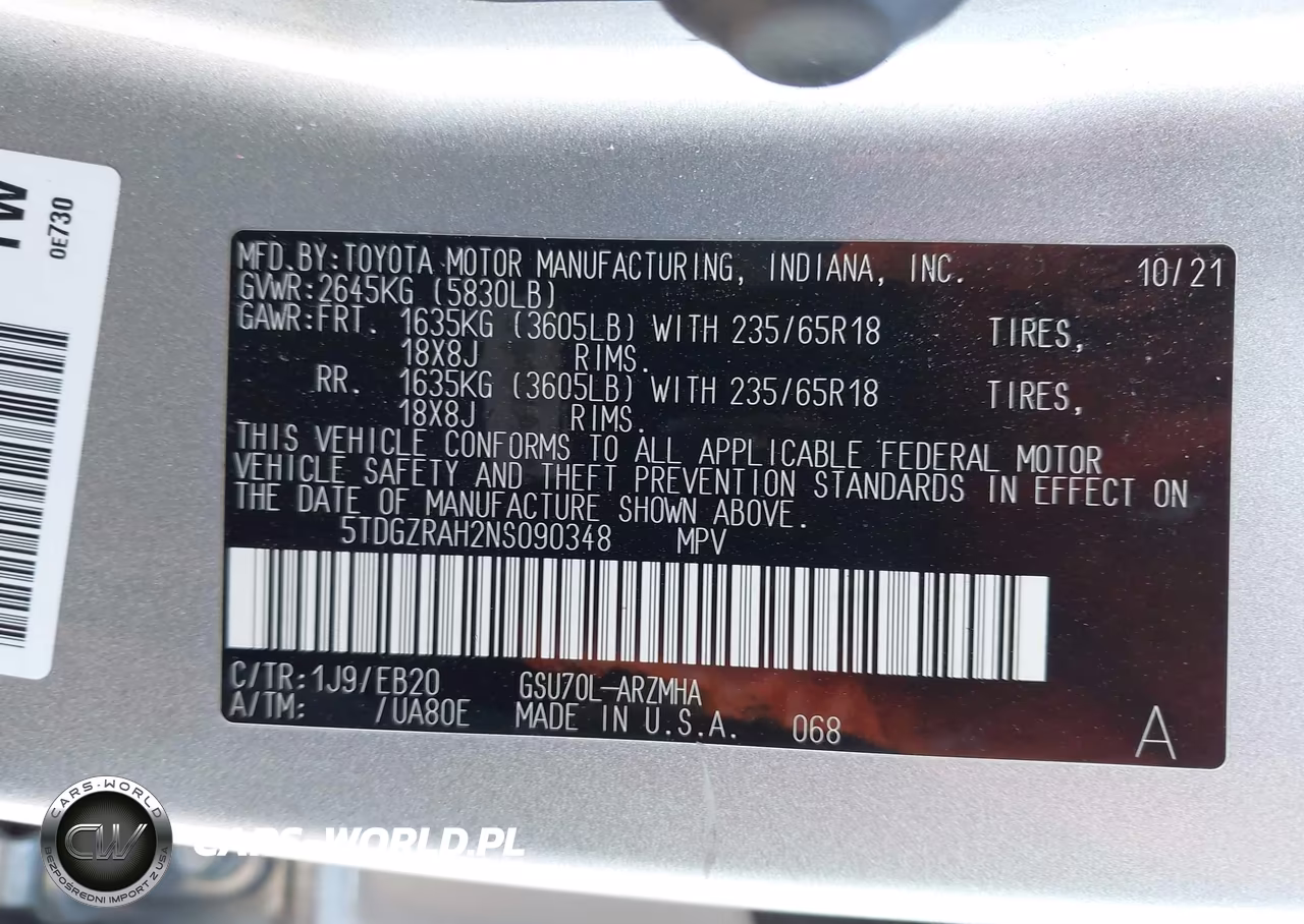 2022 Toyota Highlander Xle VIN:5TDGZRAH2NS090348 - 9