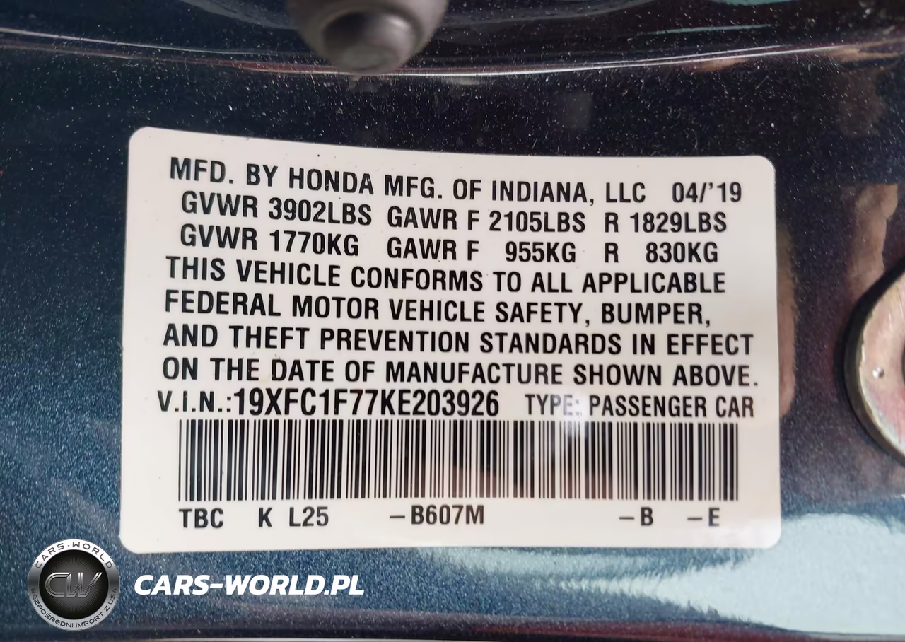 2019 Honda Civic Ex-L VIN:19XFC1F77KE203926 - 9