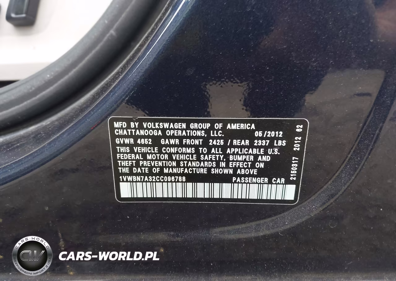 2012 Volkswagen Passat 2.0L Tdi Se VIN:1VWBN7A32CC096788 - 9