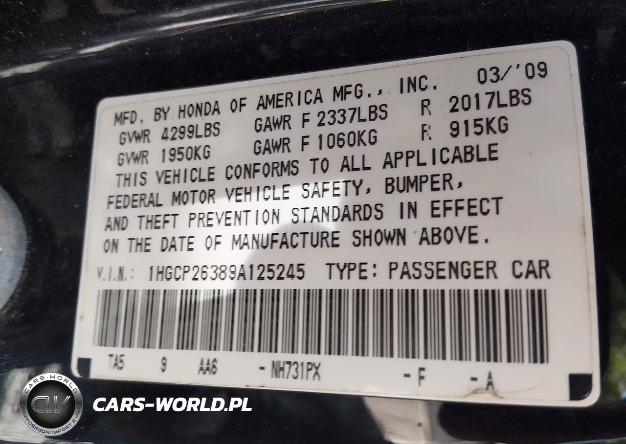 2009 Honda Accord 2.4 Lx VIN:1HGCP26389A125245 - 9