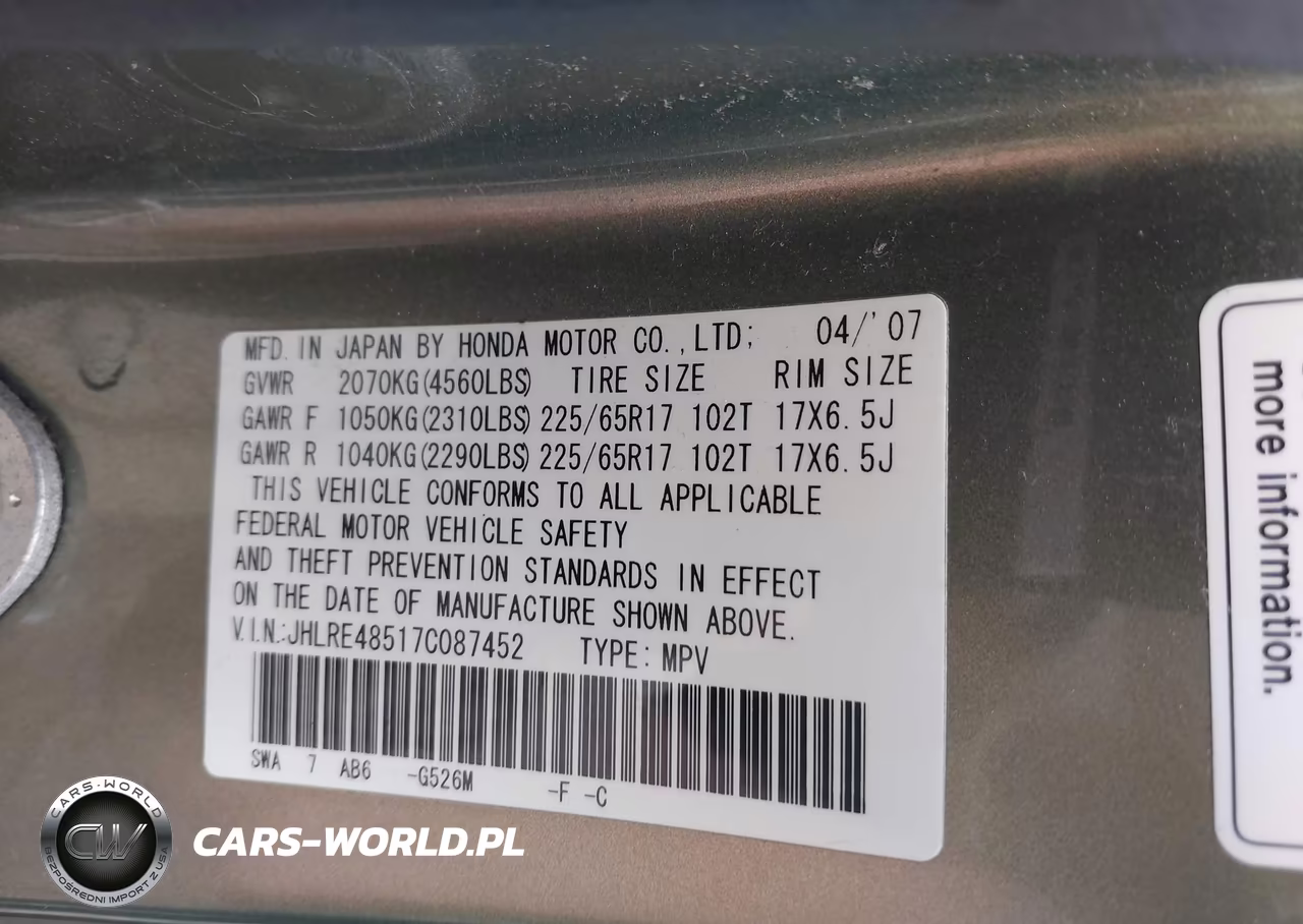 2007 Honda Cr-V Ex VIN:JHLRE48517C087452 - 9