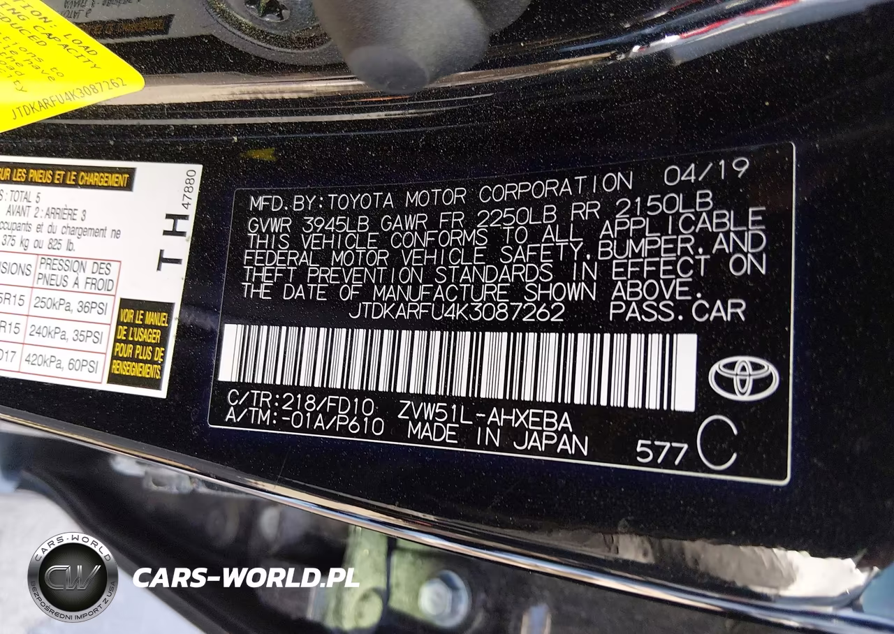 2019 Toyota Prius Le VIN:JTDKARFU4K3087262 - 9
