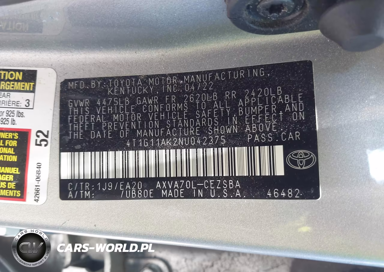 2022 Toyota Camry Se VIN:4T1G11AK2NU042375 - 9