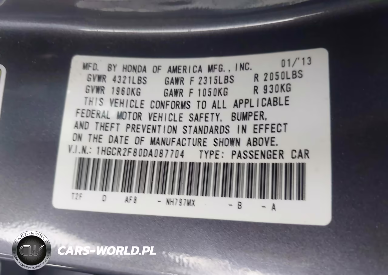 2013 Honda Accord Ex-L VIN:1HGCR2F80DA087704 - 9