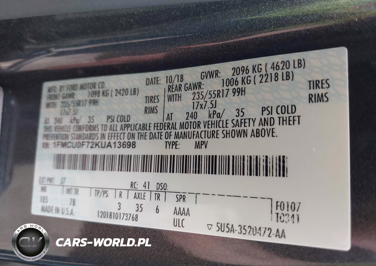 2019 Ford Escape S VIN:1FMCU0F72KUA13698 - 9