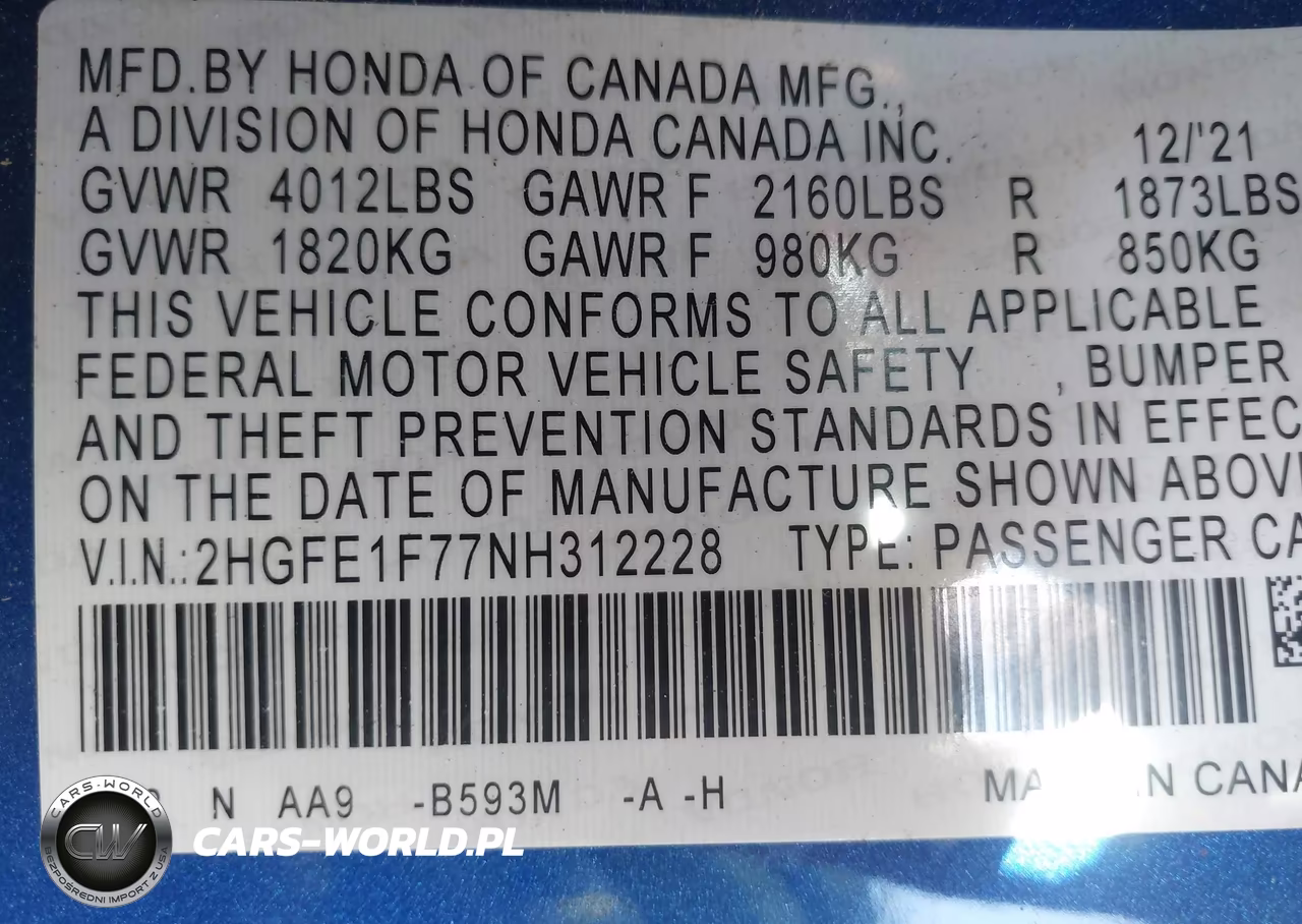 2022 Honda Civic Ex VIN:2HGFE1F77NH312228 - 9