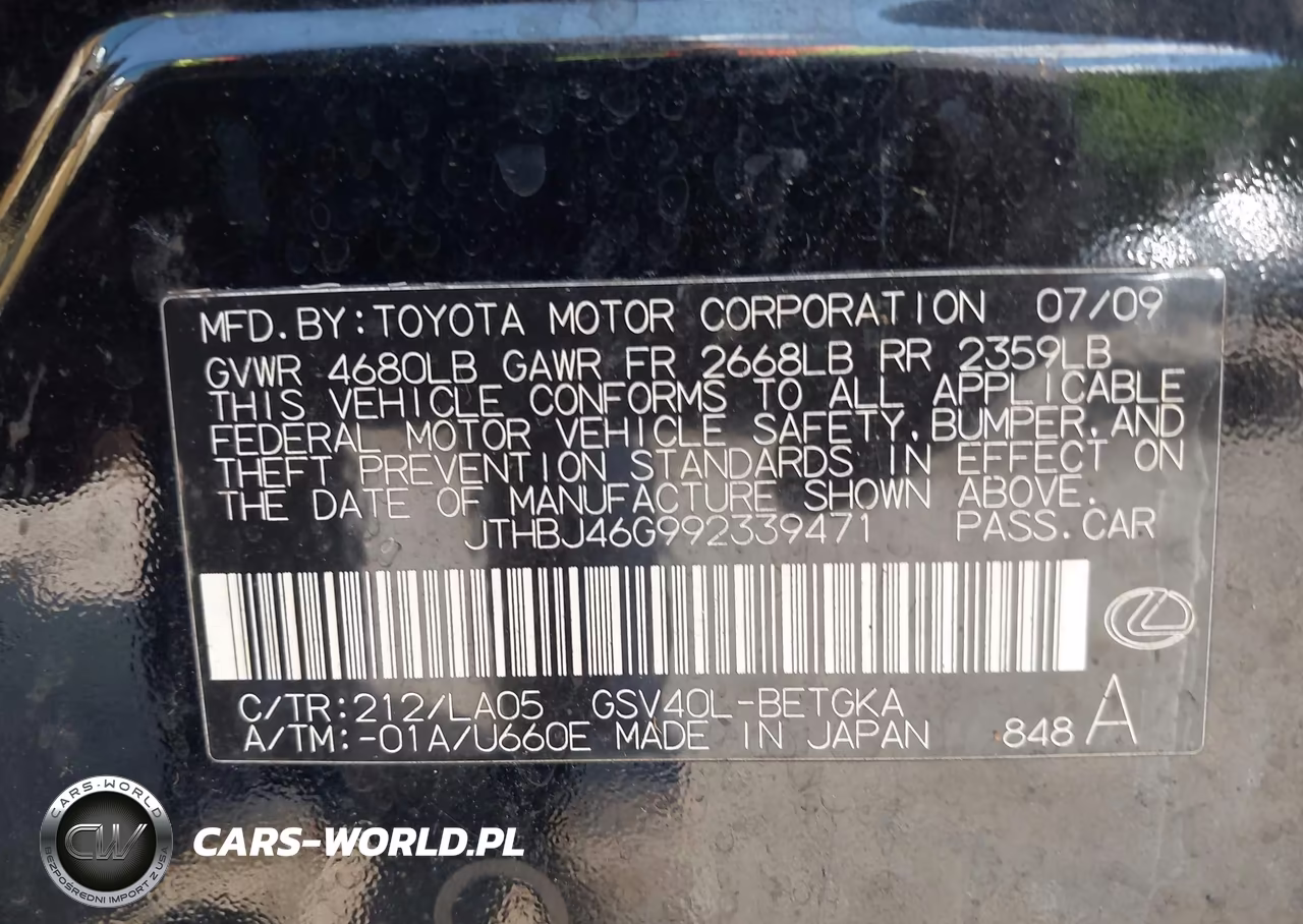 2009 Lexus Es 350 VIN:JTHBJ46G992339471 - 9