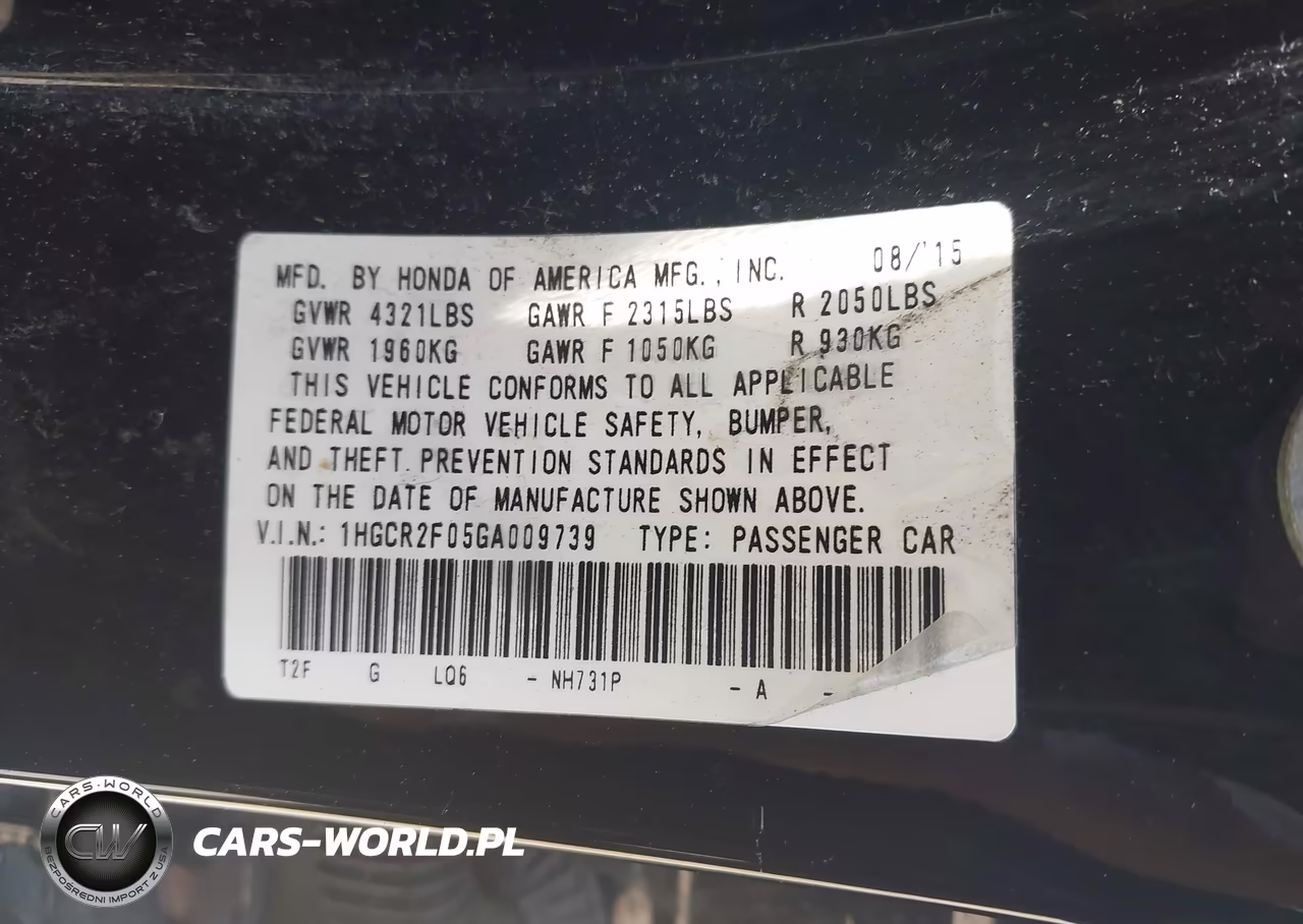 2016 Honda Accord Ex VIN:1HGCR2F05GA009739 - 9